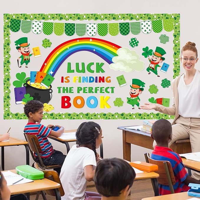 78Pcs St. Patrick's Day Reading Bulletin Board Decorations Spring Lucky Shamrock Paper Cutouts Bulletin Border Set Saint Patrick Day Green Clover Supplies for Irish School Chalkboard Wall Decorations