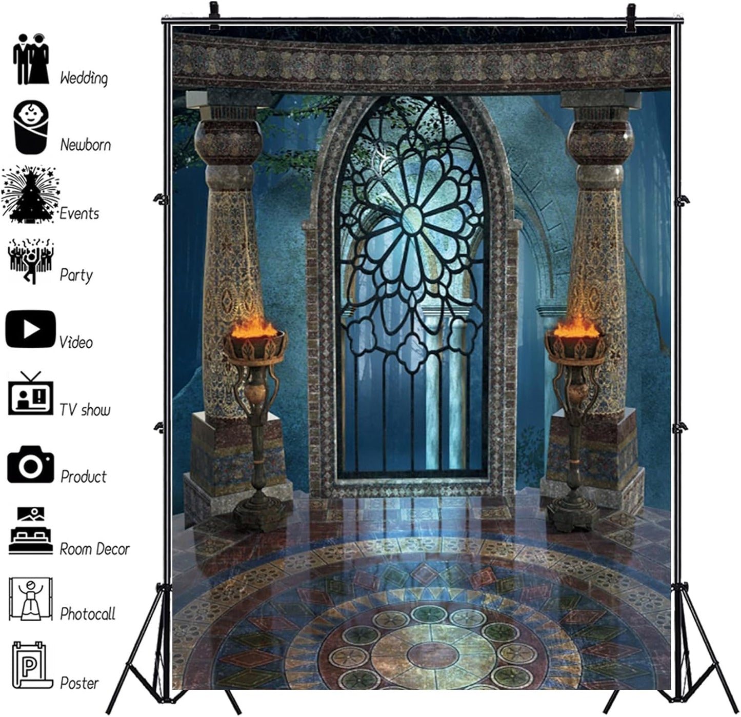 Renaiss 4x6ft Medieval Castle Backdrop for Photoshoot Portrait Pillar Torch Gothic Stone Tower Ancient Old Fortress Interior Photography Background Halloween Party Decor Wallpaper Photo Studio Props