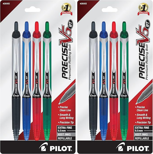 PILOT Precise V5 RT Refillable & Retractable Rolling Ball Pens,Extra Fine Point Pens,0.5 mm,Black/Blue/Red/Green,- Ideal for School,Journaling & Office Writing,4 Count (Pack of 2)