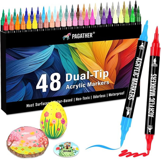 48 Colors Acrylic Paint Markers, Dual Tip with Fine Tip and Brush Tip Pens for Stone, Wood, Calligraphy, Canvas, Ceramic, Metal, Glass, Rock Painting, DIY Crafts