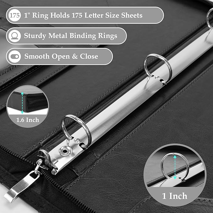 EYROZILL Zipper Portfolio Binder, 3 Ring Leather Binders 1-Inch Capacity for 8.5x11, with Document Pockets, Card Slots & Phone Holder (Black)