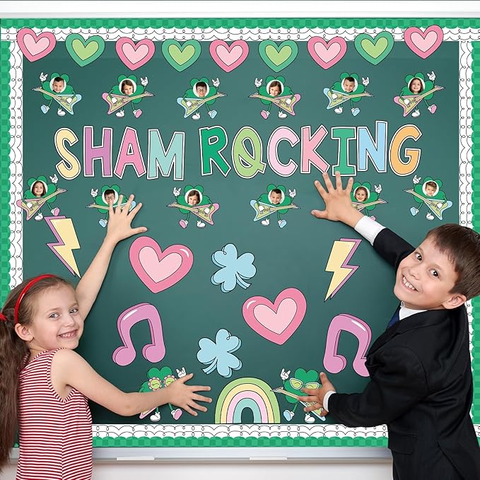 St. Patrick's Day Classroom Bulletin Board Decoration Sham Rocking Photo DIY Bulletin Board Set Lucky Shamrock Music Note Heart Cutouts for Irish Holiday Welcome School Home Wall Door Party Decor