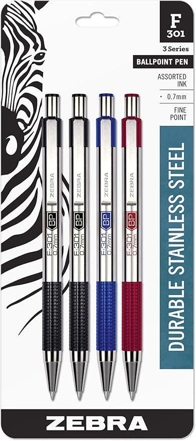 Zebra Pen F-301 Ballpoint Assorted Ink Fine Point 0.7mm Pen, Easy-Glide Ink, Stainless Steel Retractable, Non-Slip Grip, Professional Design, Ideal for Office, Journal and Planner Use, 4-Pack (27104)