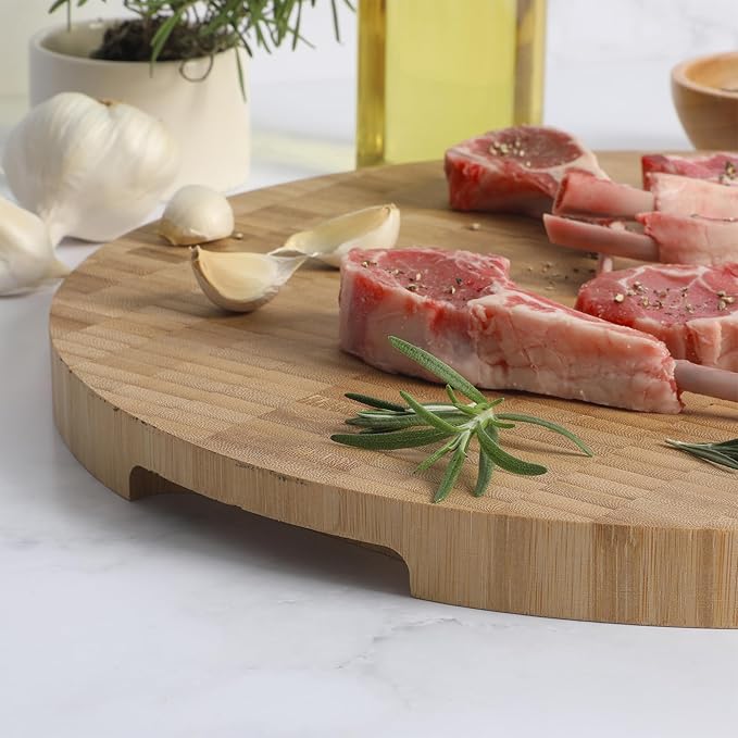 Oster Capeheart Round End Grain Bamboo Cutting Board Set – 14" Wooden Durable Kitchen Chopping Carving Boards with Juice Grooves, Oil Finished