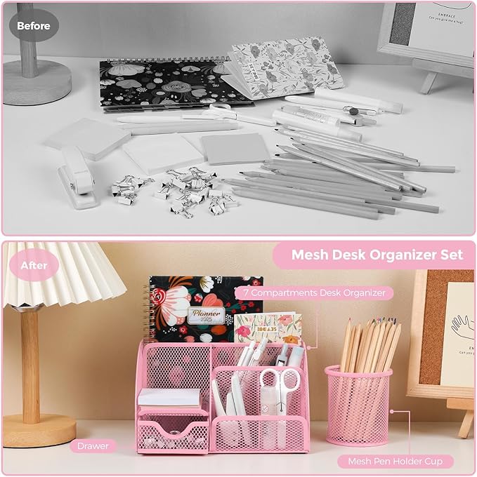 SKYDUE Pink Desk Accessories, Pink Office Supplies Set, Mesh Desk Organizer, Stapler, Tape Dispenser, Scissors, Binder/Paper Clips and 1000pcs Staples,Desk Organizer for Women