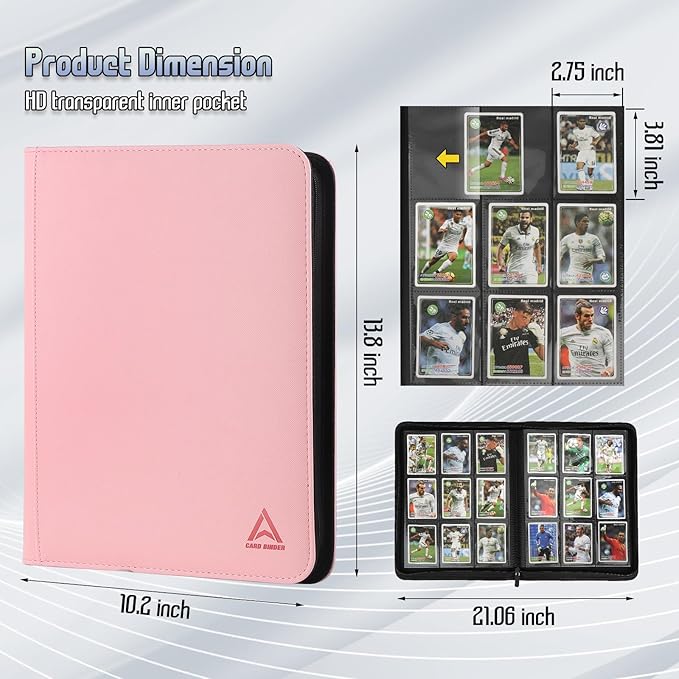 9 Pocket Card Binder - 540 Capacity with Zip Closure Premium, Double-Sided,Sturdy & Sleek PU Leather Protector for MTG, TCG, Sport & Collectible Cards (pink)