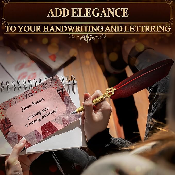 Red Feather Quill Pen and Ink Set - 11.4" Antique Feather Pen and Ink Set with Stainless Steel Nib for Calligraphy Practice, Drawing & Signatures - Designed for Beginners and Calligraphy Enthusiasts
