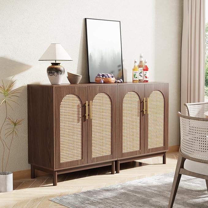 Tribesigns Set of 2 Rattan Sideboard Buffet Cabinet with Storage, 59 Inch Accent Cabinet for Dining Room, Living Room, Kitchen, Rattan and Dark Brown