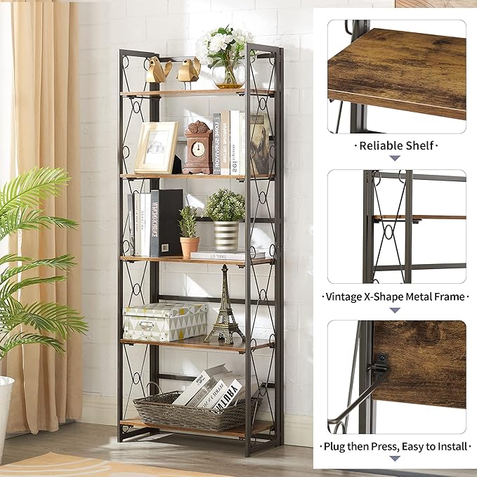 VECELO Folding Bookshelf, 5-Tier Bookcase Easy Assembly, Industrial Tall Book Shelf Storage Organizer for Living Room/Home Office,Antique Brown,1 Set