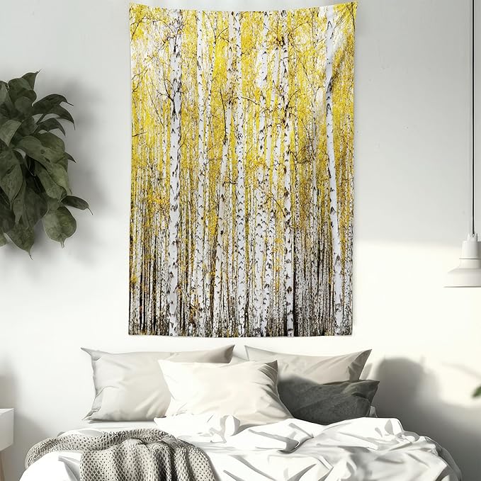 Ambesonne Forest Tapestry, Autumn Birch Forest Golden Yellow Leaves Woodland October Seasonal Nature Picture, Wall Hanging for Bedroom Living Room Dorm Decor, 60" X 80", Yellow Grey