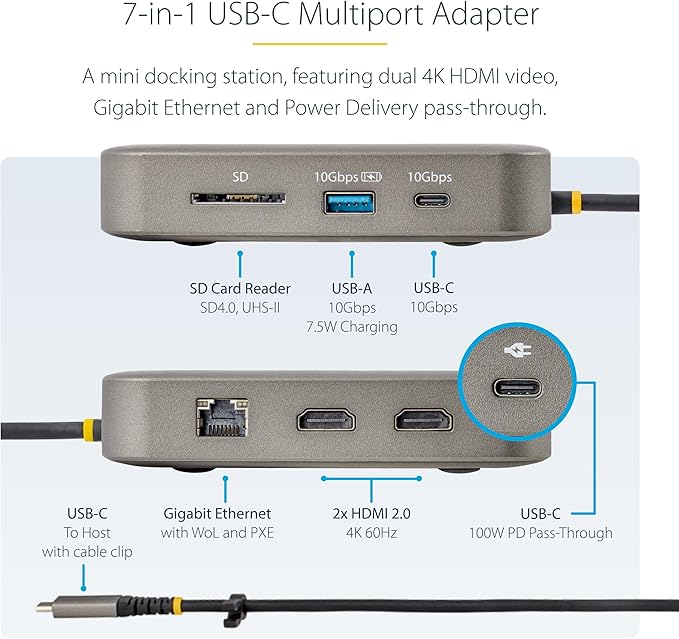 StarTech.com 7-in-1 USB C DisplayLink Dual Monitor Docking Station, 4K 60Hz HDMI Dock for MacBook M1 M2 M3 M4 & Windows, USB 10Gbps Hub, Gigabit Ethernet, SD, 100W PD, 22in (56cm) Cable