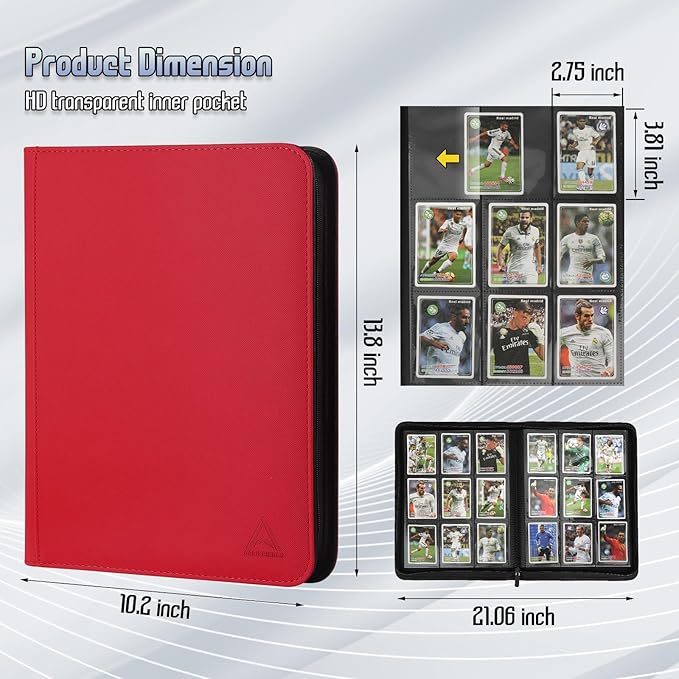 9 Pocket Card Binder - 540 Capacity with Zip Closure Premium, Double-Sided,Sturdy & Sleek PU Leather Protector for MTG, TCG, Sport & Collectible Cards (Red)