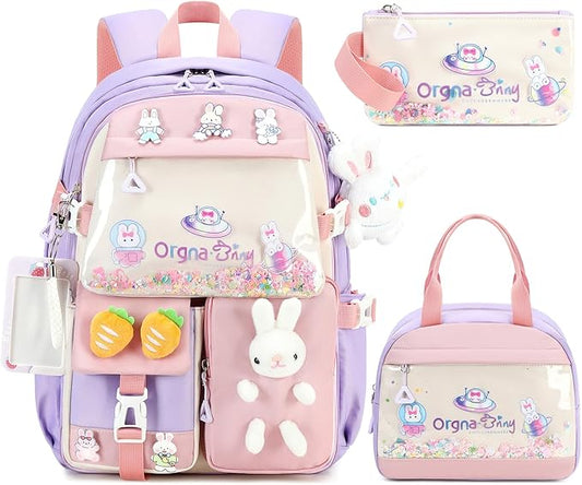 Backpack for Girls Cute Bookbag Set with Lunch Box Pencil Case Kawaii Bunny School Backpacks for Girl 3 Pcs Kindergarten Elementary Preschool Middle Sequin School Bag for Girls