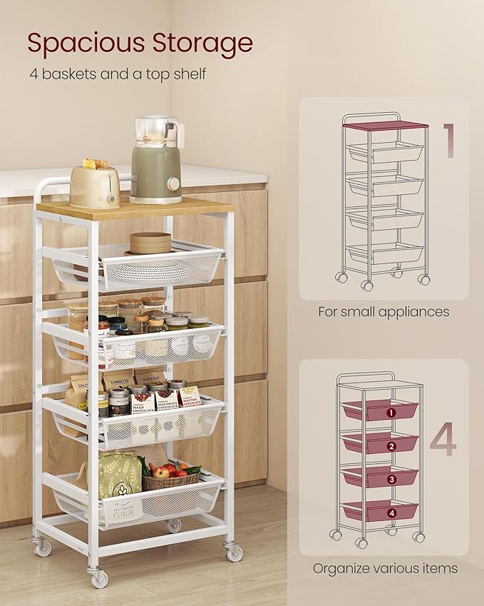VASAGLE Kitchen Storage Cart with Pull-Out Baskets, 5-Tier Rolling Utility Cart with Wheels for Snacks, Handle, 12.5 x 15.8 x 37.4 Inches, Golden Oak and Matte White ULRC041YA01