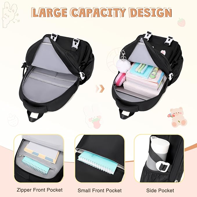 3PCS Girls Backpack for School, Kids Backpack for Girls with Lunch Box Pencil Case Set for Teen Girl Elementary Primary Middle High College School Bookbag with Cute Pins (Black)