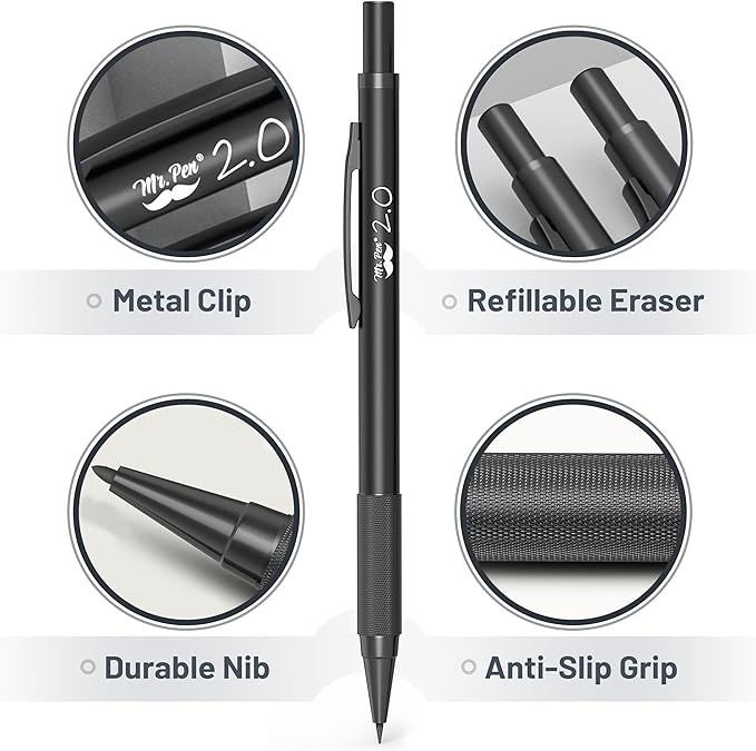 Mr. Pen- Metal Mechanical Pencil Set with Lead and Eraser Refills, 5 Sizes, Black, 0.3, 0.5, 0.7, 0.9, 2mm, Drawing Mechanical Pencils, Mechanical Pencil Metal, Drawing Pencils Mechanical