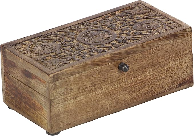 Deco 79 Mango Wood Floral Handmade Decorative Box Decorative Keepsake Boxes with Hinged Lid, Set of 3 Storage Boxes 8", 10", 12"W, Brown