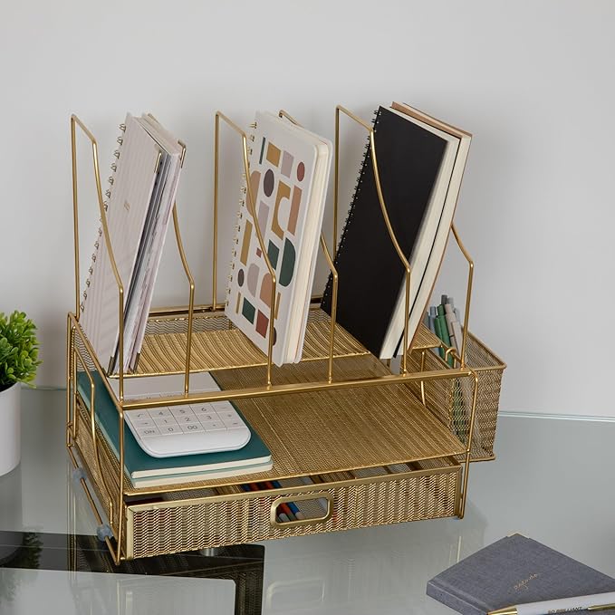 Martha Stewart Ryder Gold Mesh Metal Large Desktop Organizer With Paper File Letter Holder Organizer and Drawer