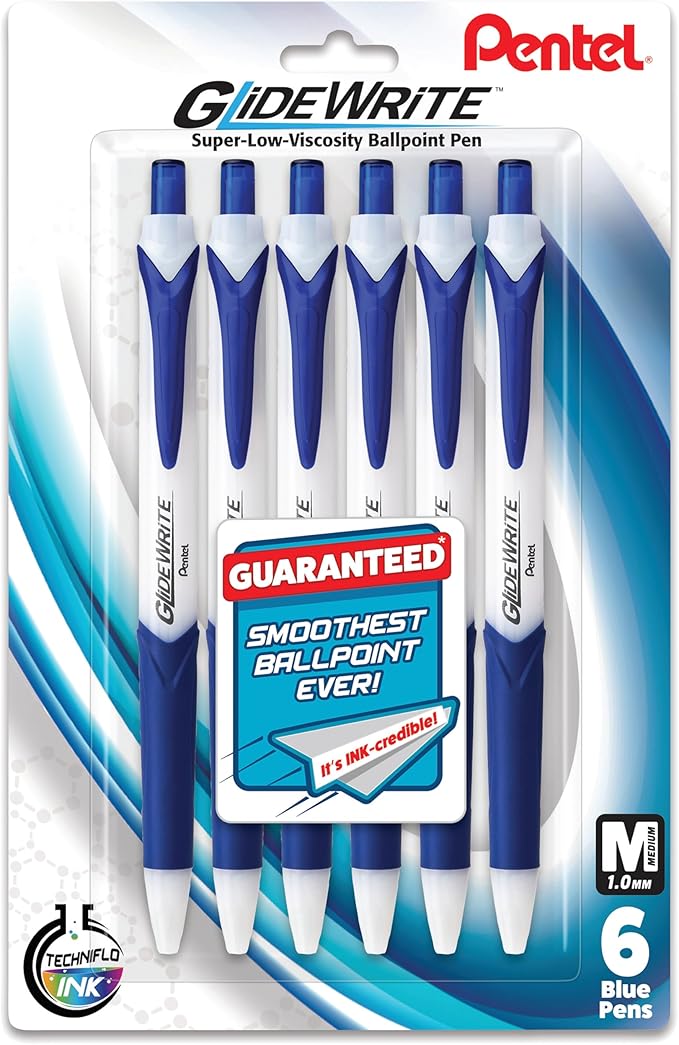 Pentel GlideWrite Ballpoint Pen with TechniFlo Ink, (1.0mm) Medium Line, Blue Ink, Pack of 6 (BX910BP6C)