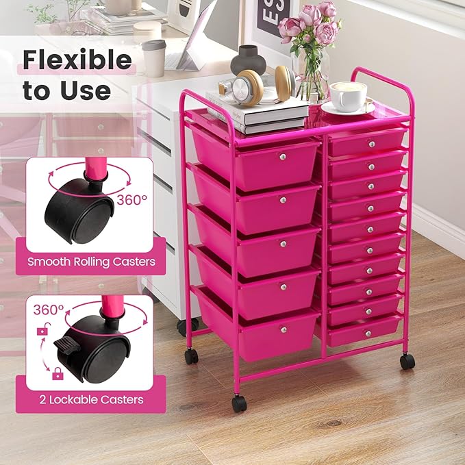 COSTWAY 15 Drawer Rolling Storage Cart, Mobile Utility Cart with Lockable Wheels, Drawers, Multipurpose Organizer Cart for Home, Office, School, Hot Pink