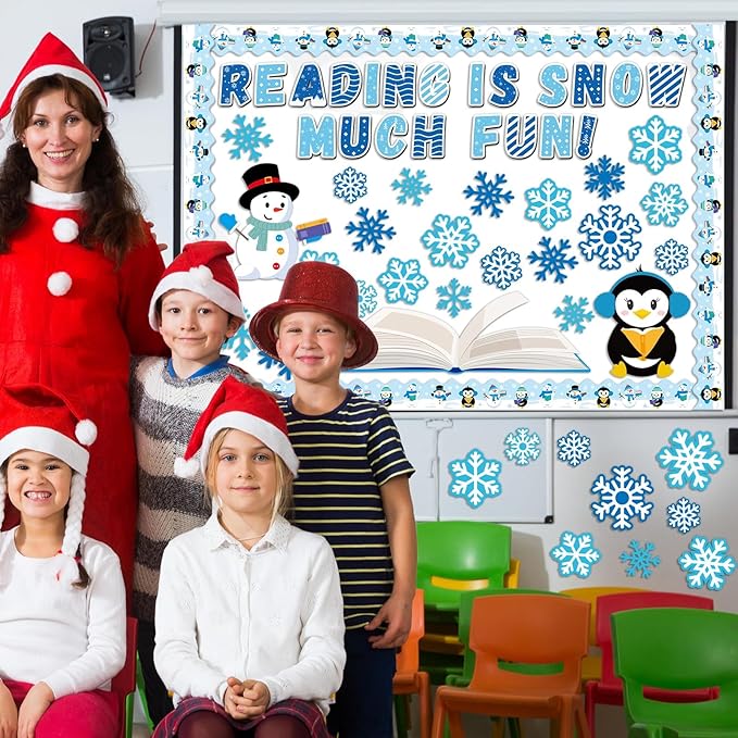 Winter Reading Bulletin Board Decoration Set Snowflake Snowman Penguins Cutouts Christmas Winter Snowflake Bulletin Board Borders Classroom Decorations for Holiday Party School Home Door Wall(Winter)