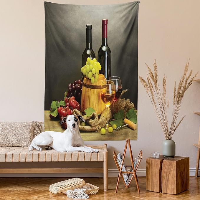 Ambesonne Winery Tapestry, Cask Bottles and Glasses of Wine and Ripe Grapes on Wooden Table Picture Print, Fabric Wall Hanging Decor for Bedroom Living Room Dorm, 23" X 28", Grey Taupe