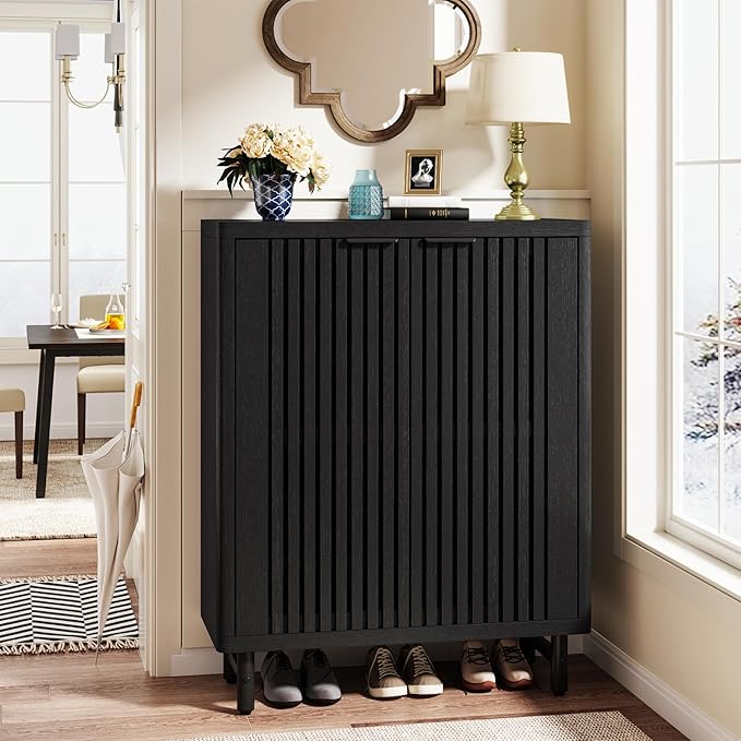 Tribesigns 6-Tier Shoe Cabinet with Shutter Doors, Large Wooden Shoe Organizer Rack with Adjustable Shelves, Modern Farmhouse Hidden Storage Furniture for Entryway, Hallway (Black)