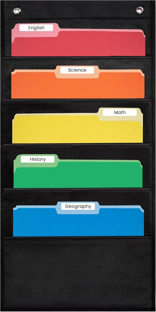 Essex Wares - 5 Pocket File Pocket Chart, Black, 14" Wide x 24" Tall - Versatile Wall Hanging File Folder Organizer for Classroom, Office, Home, and More - Wall Folder Organizer - 5 Pockets