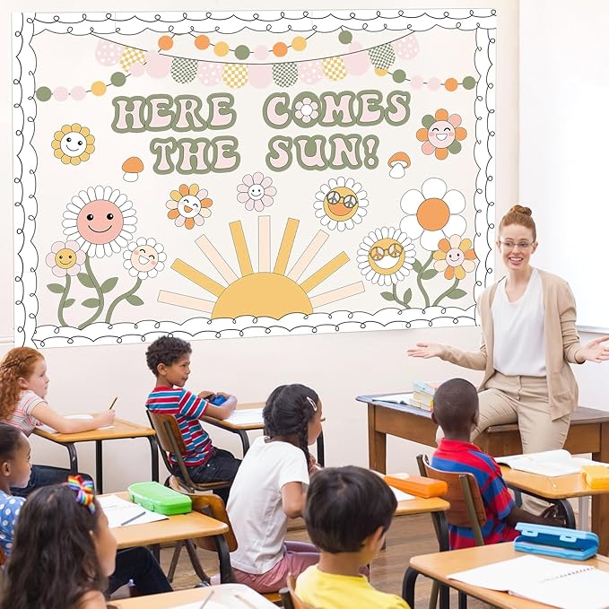 Epakh Here Comes The Sun Bulletin Board Set Sun Flowers Classroom Decorations Boho Daisy Paper Cutouts with Borders for Door Wall Back to School Party Supplies