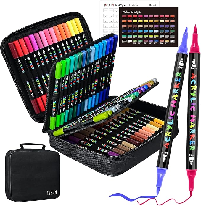 IVSUN Acrylic Paint Pens, 60 Colors Dual Tip Paint Markers with Fine Tip and Brush Tip for Stone, Wood, Canvas, Calligraphy, Ceramic, Metal, Glass, Rock Painting, DIY Crafts Art Supplies Kit