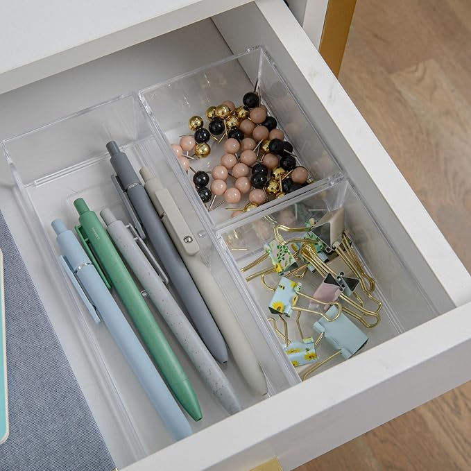 Martha Stewart Brody Desktop Storage Organizer, Stack and Slide Plastic Organizer Tray, Organizer for Office, Kitchen, or Vanity, 2-S, 1-M