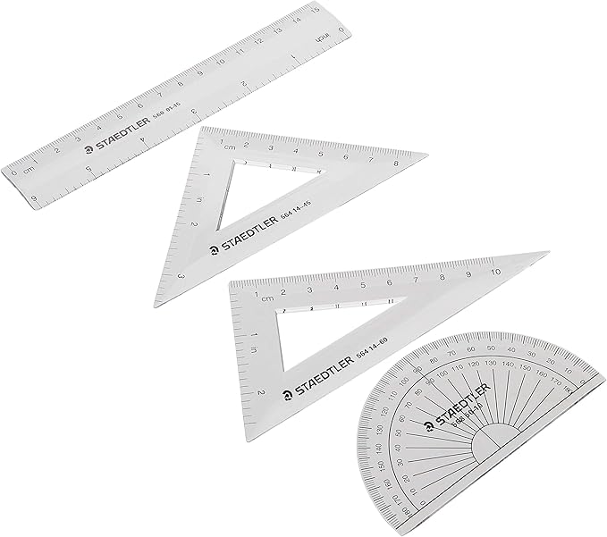 STAEDTLER Math Set - 4 pc Geometry Kit for Students - School Supplies with Clear Protractor, 6in Ruler & 2 Triangles – Metric & Imperial Scales