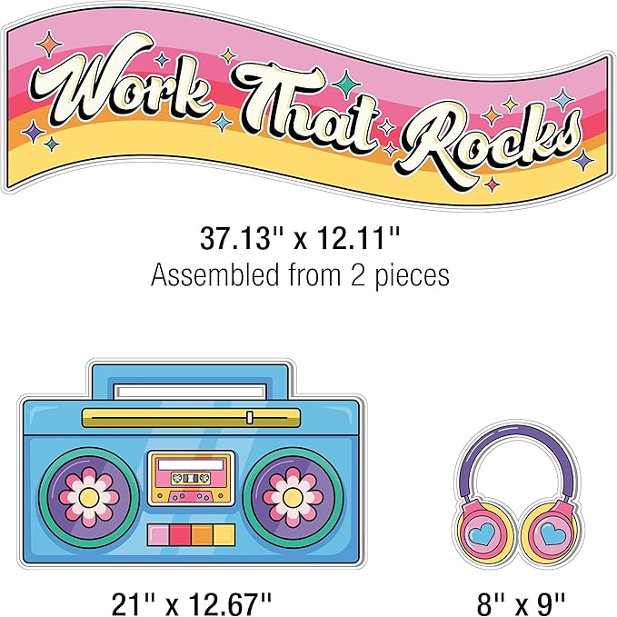 Happily Ever Elementary Retro Remix 79-Piece Work That Rocks Motivational Bulletin Board Set, Boombox, Cassette Tapes, Headphone, Flowers and More Groovy Bulletin Board Decorations for Classroom Decor