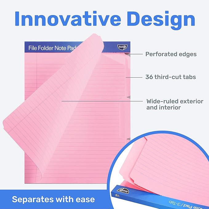 Find It File Folder Notepad - Pack of 36-9.5 x 12.5 Inch Notebook Organizer Folders for Filing, Document, and Clipboard Organization - Pink