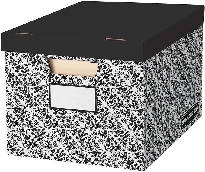 Bankers Box 10 Pack STOR/FILE Decorative Medium-Duty File Storage Boxes, FastFold, Lift-Off Lid, Letter/Legal, Black/White Brocade