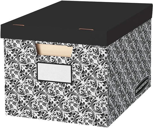 Bankers Box 10 Pack STOR/FILE Decorative Medium-Duty File Storage Boxes, FastFold, Lift-Off Lid, Letter/Legal, Black/White Brocade