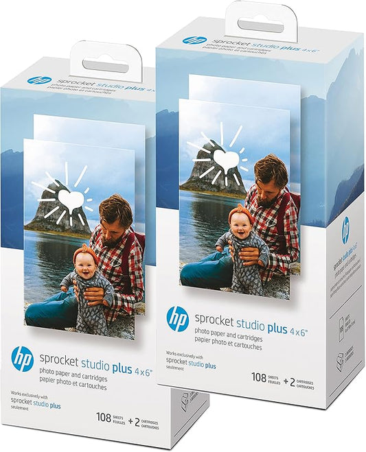 HP Sprocket Studio Plus 4x6 WiFi Printer Print from Your iOS & Android Device - Starter Bundle: Includes 108 Sheets and 2 Cartridges, Sticker Frames, Photo Album