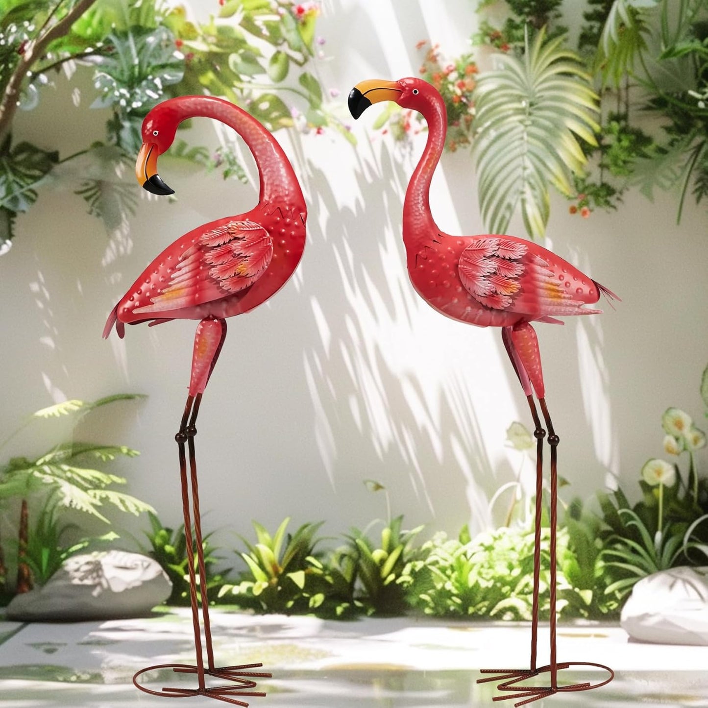 Metal Flamingo Garden Statue, 40" Tall Outdoor Decor Flamingos Yard Art Sculptures and Statues Reinforced Foot, Weatherproof Flamingo Ornaments for Lawn Pool Backyard Decor, Set of 2