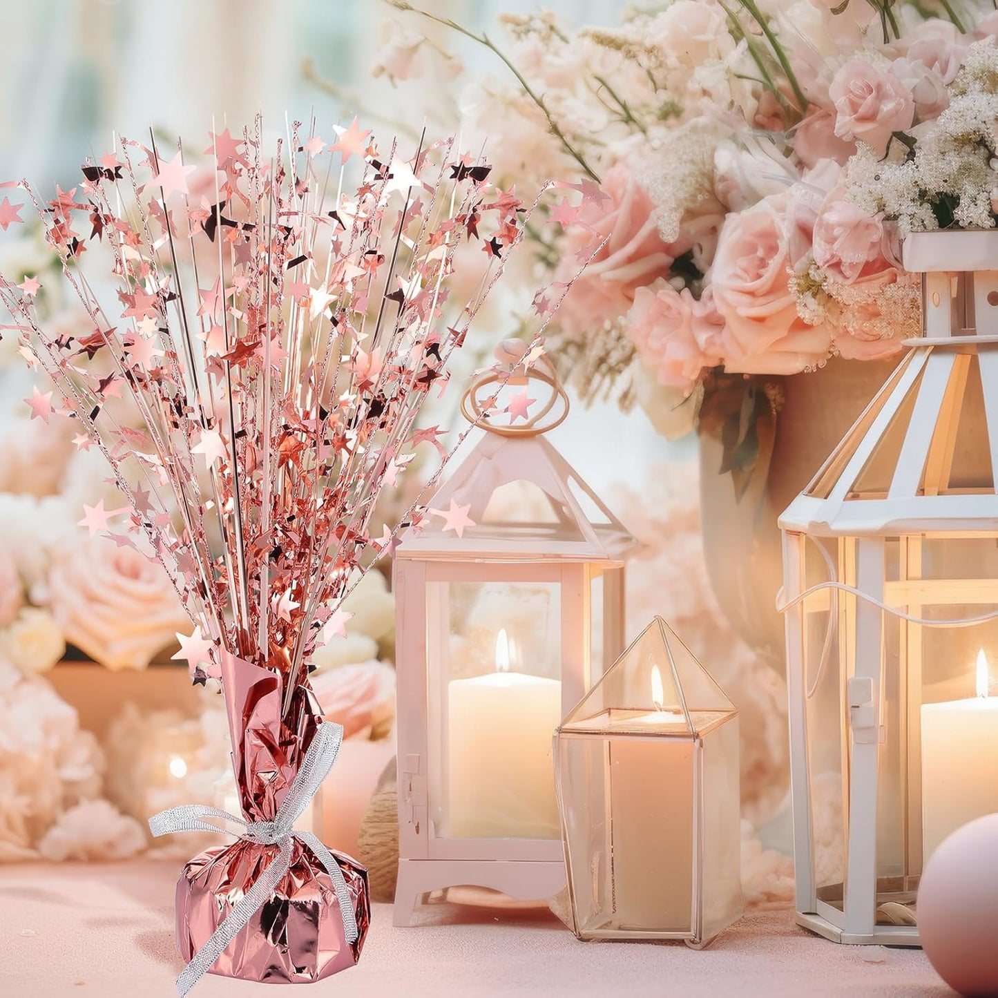 Crowye 18 Pieces Metallic Foil Spray Centerpiece Party Star Table Decoration Burst Metallic Table Centerpieces for Birthday Party Season Holiday(Rose Gold)