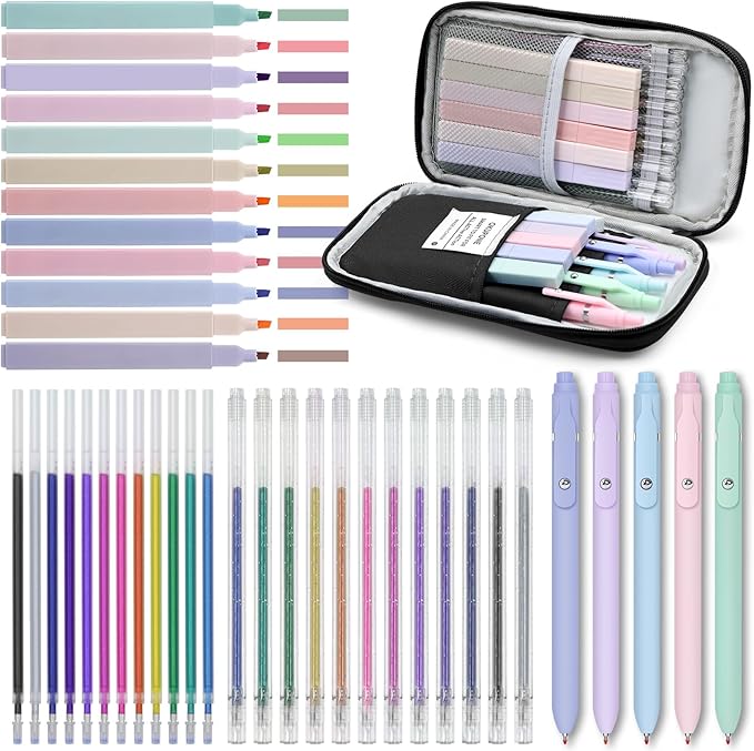 42 Pack Gel Pens for Coloring Books, 5 Gel Pens 0.5mm Black Ink, 12 Vibrant Sparkle Metallic Glitter Pens with 12 extra refills for enduring use, 12 Pastel Highlighters for Man Woman(Black)