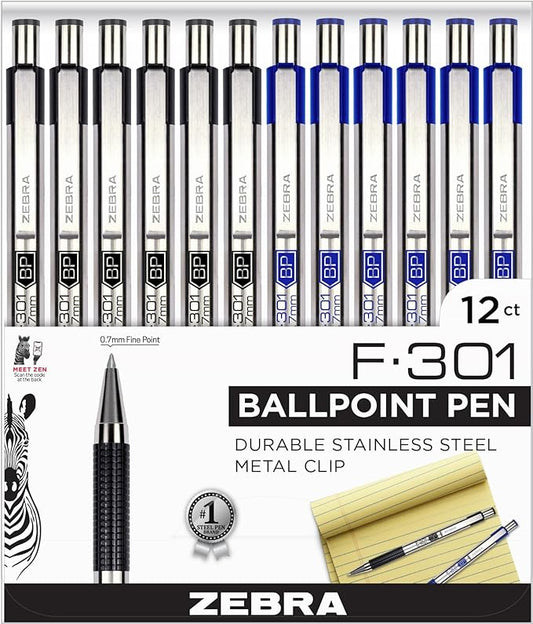 Zebra Pen F-301 Ballpoint Fine Point 0.7mm, Stainless Steel Retractable, 6 Black & 6 Blue - 12 Pack