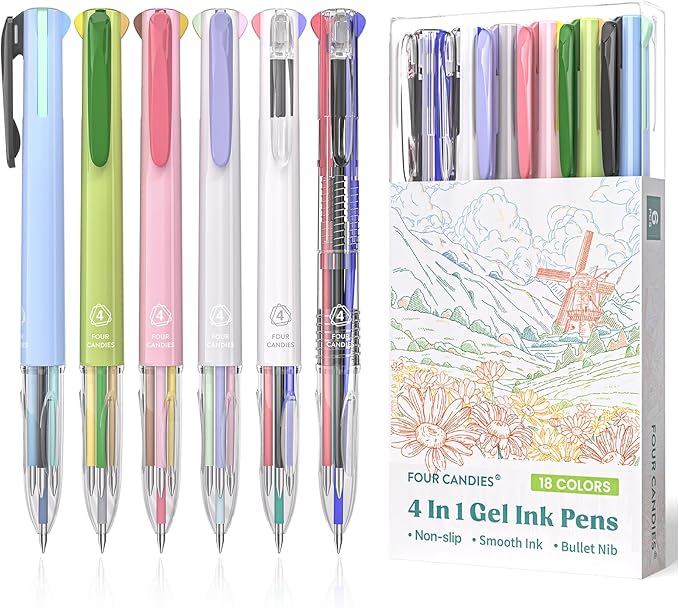 Four Candies 6 PCS Multicolor Pen, 0.5mm Colored Gel Pens, 4-in-1 Multicolor Gel Ink Pens, 18 Colors Retractable Ink for Office, School & Back to School Supplies & Nurse Accessories for Work
