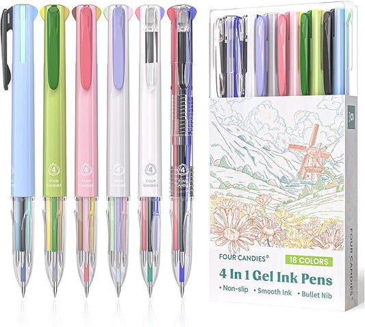 Four Candies 6 PCS Multicolor Pen, 0.5mm Colored Gel Pens, 4-in-1 Multicolor Gel Ink Pens, 18 Colors Retractable Ink for Office, School & Back to School Supplies & Nurse Accessories for Work