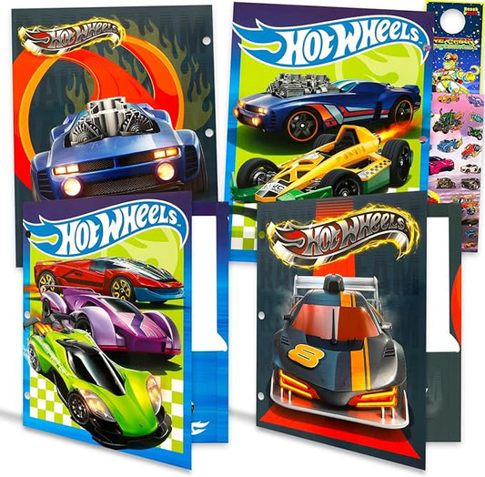 Hot Wheels Folder Set - Bundle with 4 Laminated Folders with 2 Pockets Each for Office, Classroom, Plus More | Hot Wheels Back to School Supplies