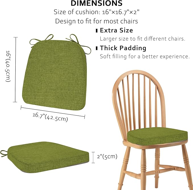 ELFJOY Chair Cushions for Dining Chairs Non Slip Chair Pads Set of 4 Seat Cushions with Ties Indoor 16.7" x 16" Green