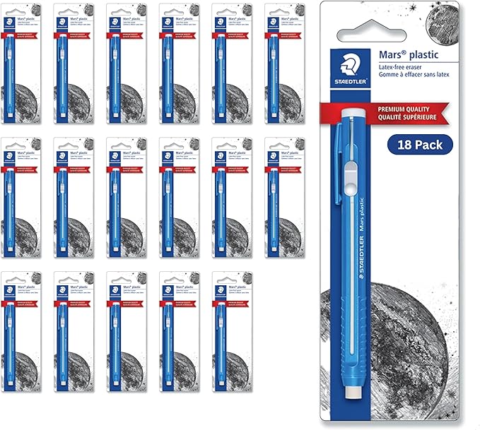 STAEDTLER 18-Pack Mars Plastic Eraser Pen with Refillable Holder, German-Made Eraser for Pencils, Smudge-Free & Tear-Free Precision, Retractable Design with Clip, Blue, 18 Count