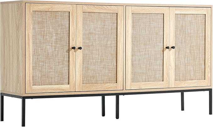 VEVOR Rattan Storage Cabinet with 4 Magnetic Doors and Adjustable Shelves, Sideboard Buffet for Hallway, Entryway, Living Room, or Kitchen, Natural