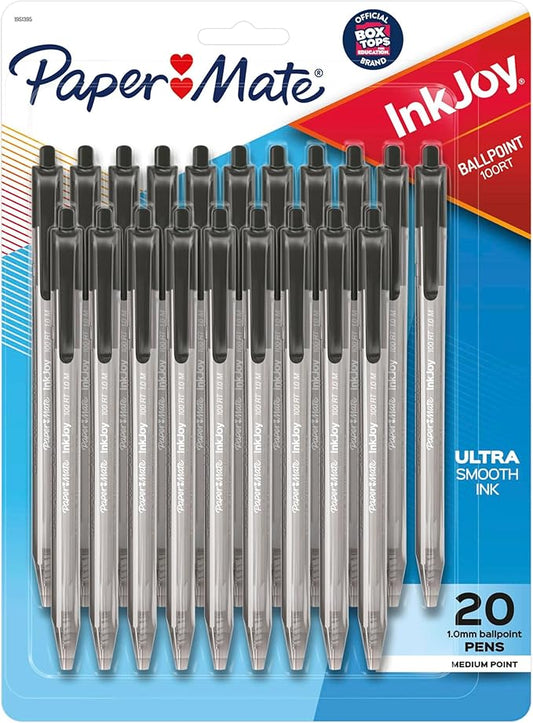 Paper Mate InkJoy 100RT Retractable Ballpoint Pens, Medium Point (1.0mm), Black, 20 Count
