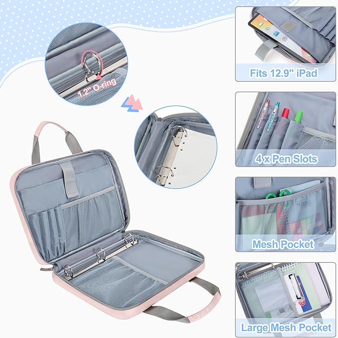 YARWO 2026 Upgraded Zipper Binder with 3 Pencil Pouches, Small File Organizer with Multi Pockets & Padded Sleeve Fits 13” iPad, Loose Leaf Paper, Name Card & Stationery for School, Office, Work, Pink