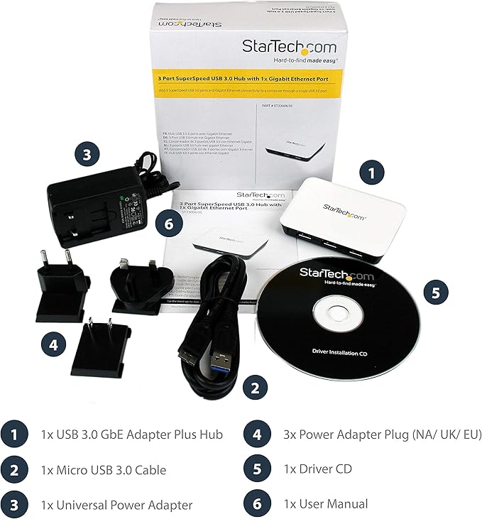 StarTech.com USB 3.0 to Gigabit Ethernet NIC Network Adapter with 3 Port Hub - White - USB 3 Ethernet Adapter - USB Charging Hub (ST3300U3S)